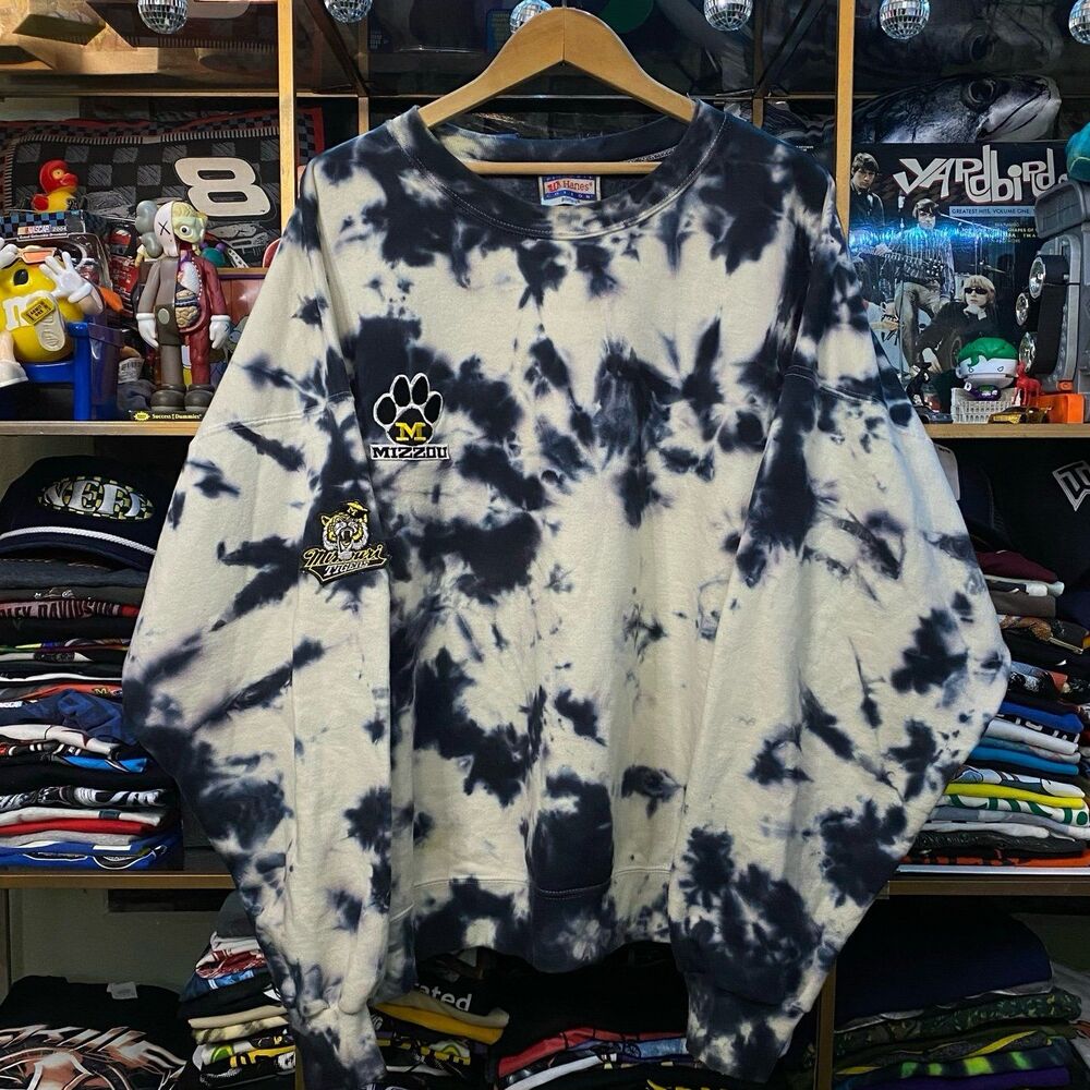 Vintage Mizzou Tigers Crewneck Sweatshirt 2XL Black TieDye Embroidered Missouri